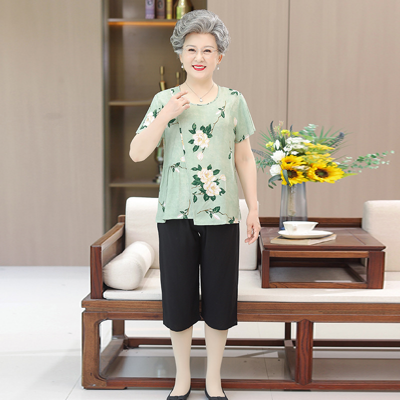 奶奶夏装套装棉麻70-80岁妈妈装两件套薄老太太衣服老年人短袖女