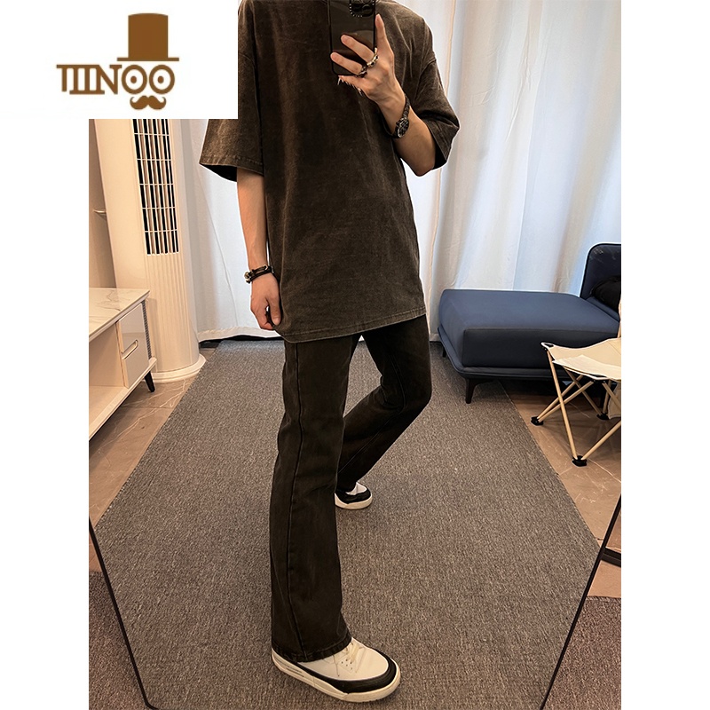 YANXUcleanfit纯黑色牛仔裤男款西海岸美式高街裤子修身弹力vibe微喇裤高清大图