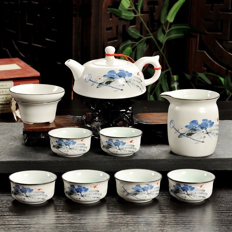 茶具套装家用功夫茶具套装彩绘陶瓷茶杯茶台备盖碗家居家用生活日用家庭清洁生活日用家居器皿水具水杯套装