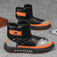 冬新款皮面防水雪地靴男款加绒加厚保暖防寒高帮棉靴潮流男鞋 黑橘 39