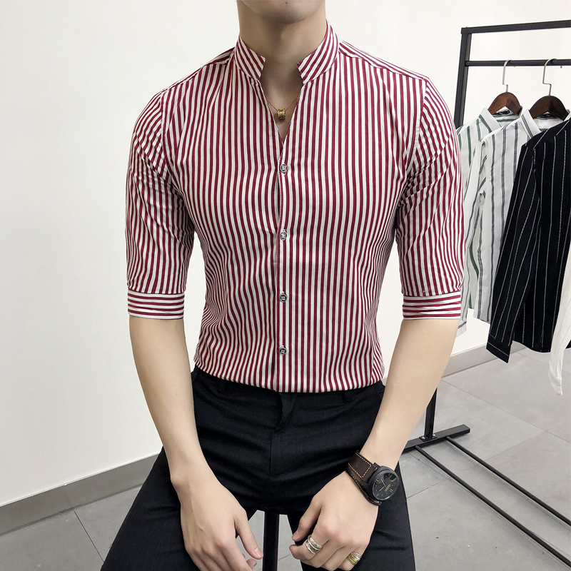 18夏新款个性拉链立领条纹七分袖衬衫男时尚韩版修身潮五分袖短袖