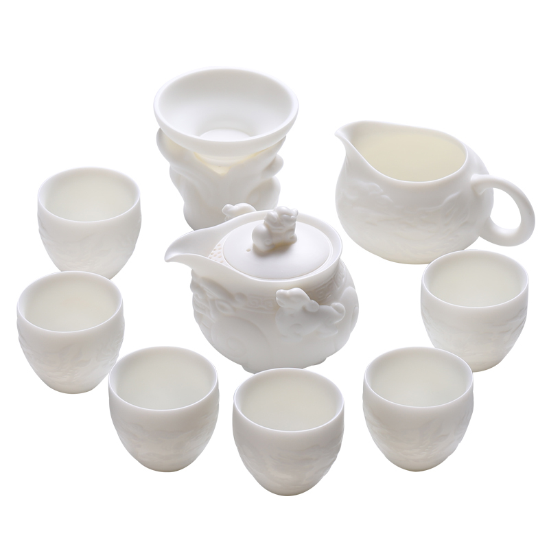 MULTIPOTENT整套功夫茶具羊脂玉中国白国潮浮雕手抓龙壶一壶6杯套装礼盒高清大图