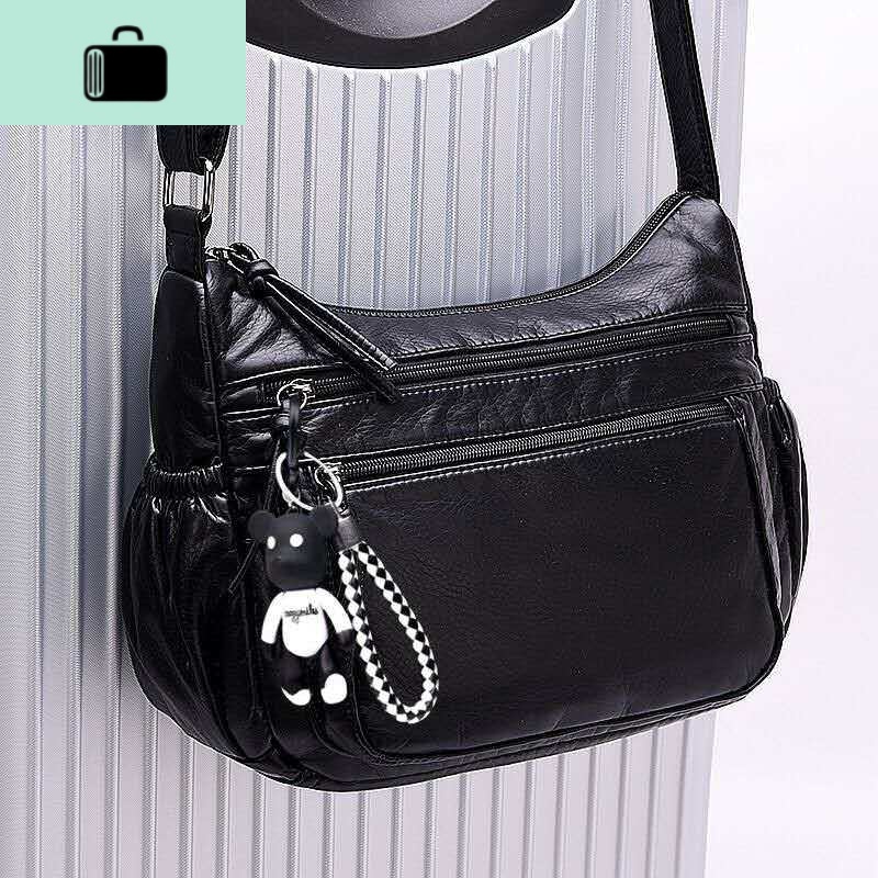 包包女2019新款软皮小方包女斜挎包中年单肩包妈妈包水洗皮女包NEWLAKE_1 单包+挂件