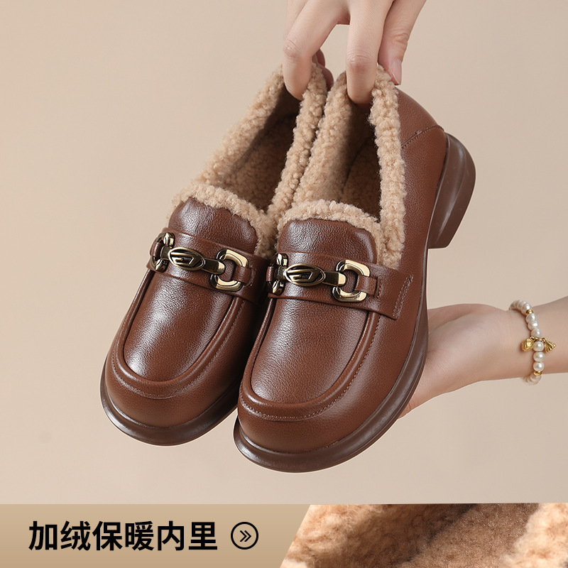 真皮乐福鞋女冬季新款加绒保暖圆头复古英伦风软底棉鞋百搭鞋