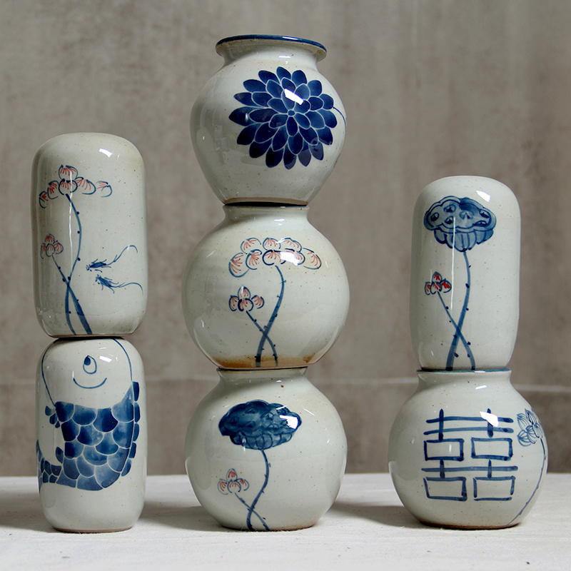 手绘青花陶瓷花瓶复古陶瓷摆件装饰陶瓷花器花插茶道家居摆件三维工匠
