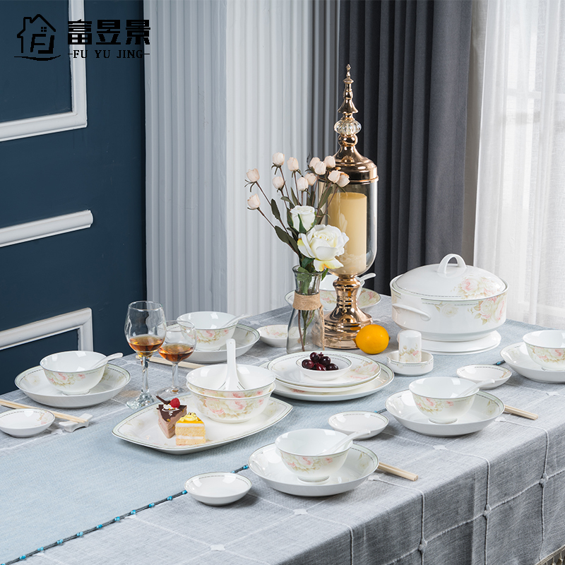 富昱景 景德镇餐具碗碟套装碗菜盘子陶瓷器骨瓷碗碟家用送礼组合吃饭碗 58件春意盎然配公主煲