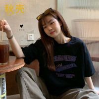 秋壳100%纯棉夏日美式字母印花街头感男友风慵懒宽松短袖情侣T恤