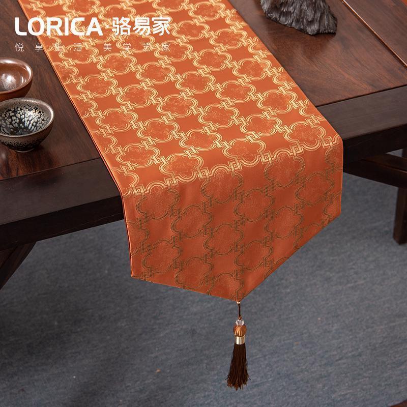 新中式桌旗禅意现代简约茶几餐桌布长条装饰布北欧电视柜盖巾定 望蓬莱-橙色 33*160cm(适用桌长1.1米-1.2米)