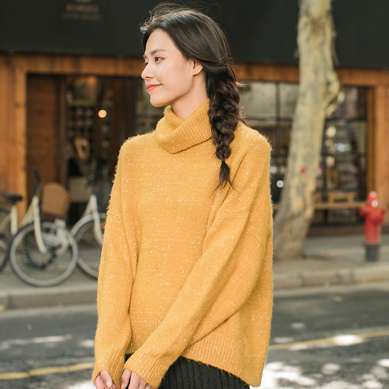 茵曼inman秋装新款高领银线宽松落肩长袖套头毛衣女针织衫1883132343