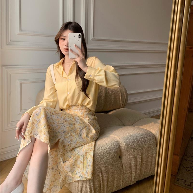 春季2022年时尚新款女套装长袖衬衫+中长款碎花半身裙两件套潮ins 黄色半身裙 XL