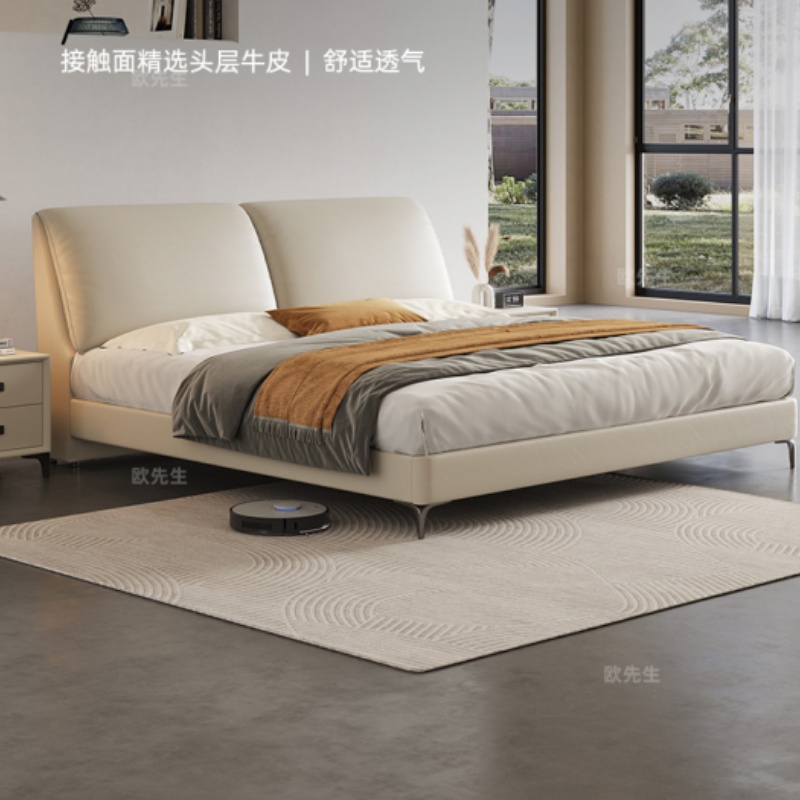 大象耳朵头层牛皮床主卧次卧双人大床实木真皮极简婚床高清大图