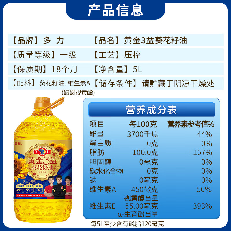 多力黄金三益葵花籽油5L精炼升级食用油充氮保鲜好油清亮食用油物理压榨高清大图