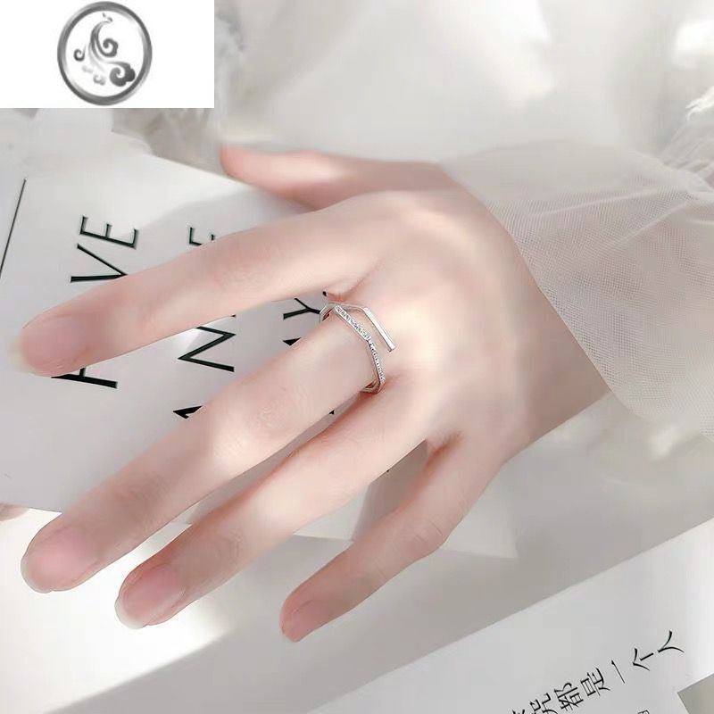 JiMis925银戒指女韩版小清新几何镶钻多边形简约开口手指饰品