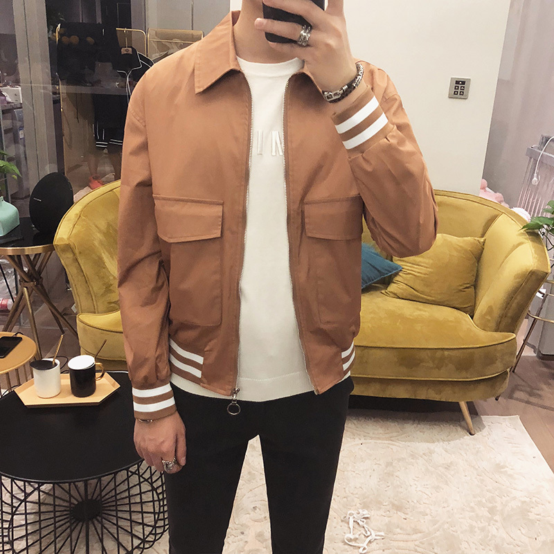 黄色2018年春夏日系翻领男士夹克 修身型短款运动服外套上衣休闲