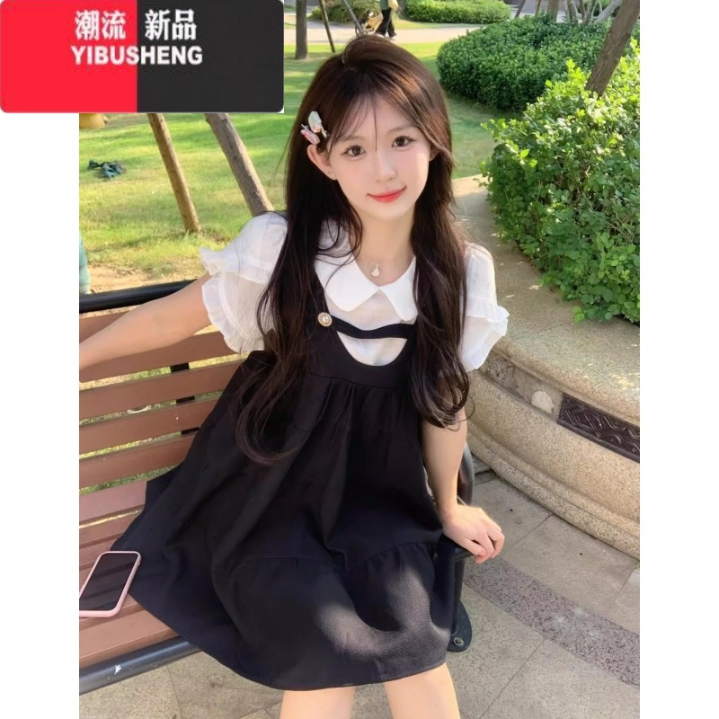 YIBUSHENG小个子初恋清纯奶甜假两件裙子女甜美奶乖天娃娃领衬衫连衣裙