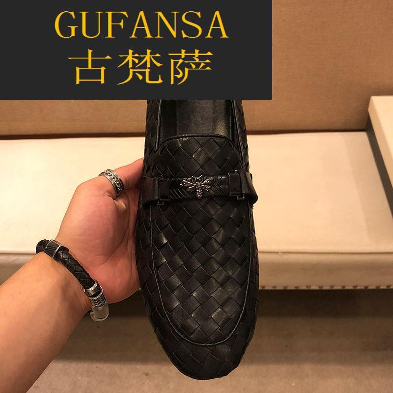 GUFANSA法国奢侈品牌 欧洲上流名士高端品牌2022夏季潮牌小白鞋男士官方奢品小蜜蜂豆豆鞋真皮编织软底懒人鞋