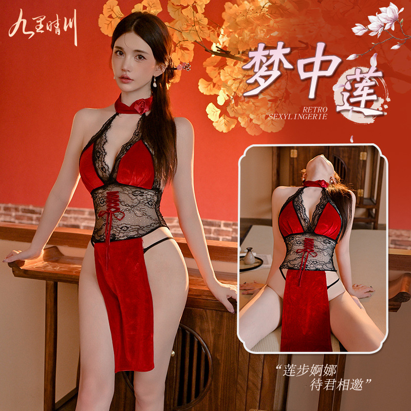 九里晴川Q0117高叉拼接旗袍裙红色刺绣古典古风情趣睡衣开叉性感 九里晴川Q0117[高叉拼接旗袍裙-红] 均码高清大图