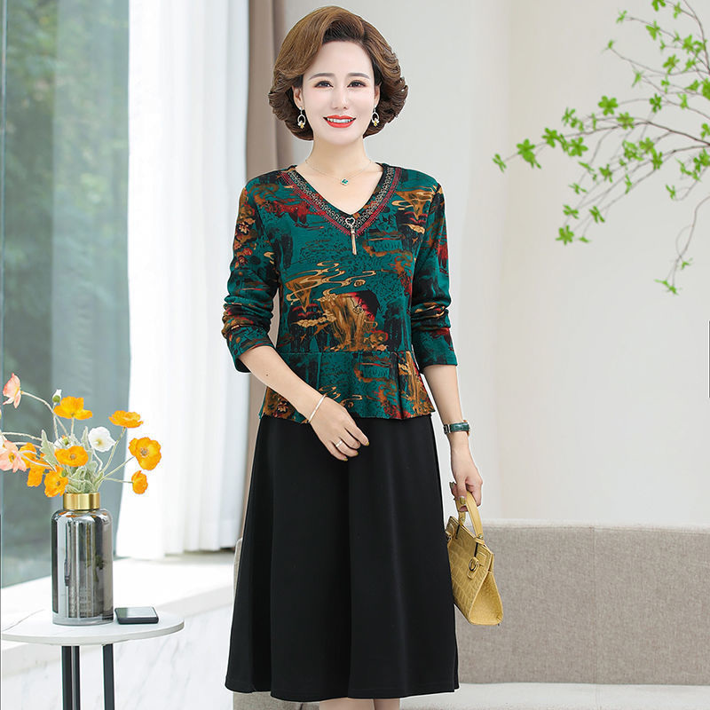 爱博尔中老年妈妈长袖连衣裙秋季新款时尚洋气弹力宽松假两件裙子