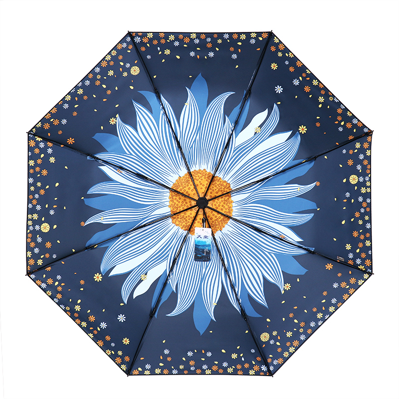 天堂伞 三折全遮光黑胶插画晴雨伞防紫外线太阳伞遮阳伞55cm*8骨 619E望日莲 橙色