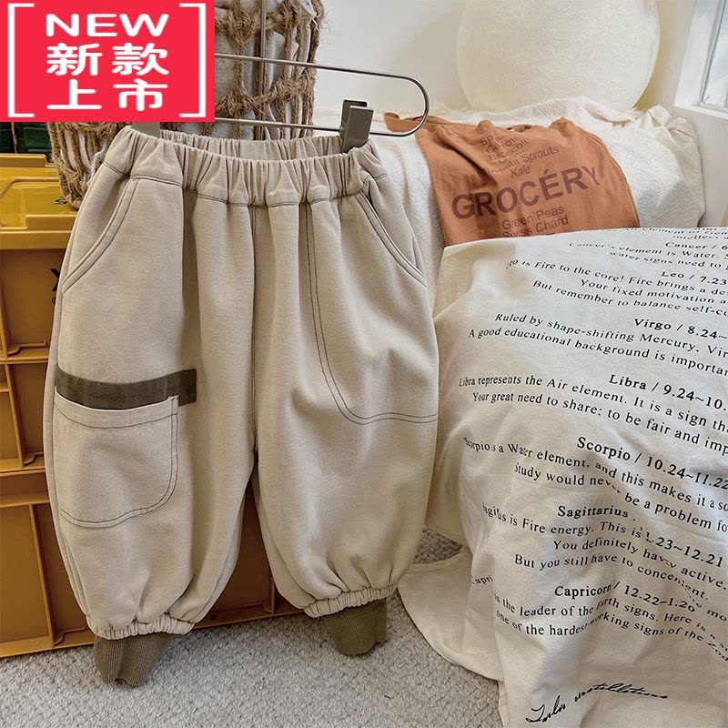 可莉允腔调儿~韩国儿童拼色加绒束脚裤男童加厚保暖明线拼接宽松灯笼裤保暖裤图片