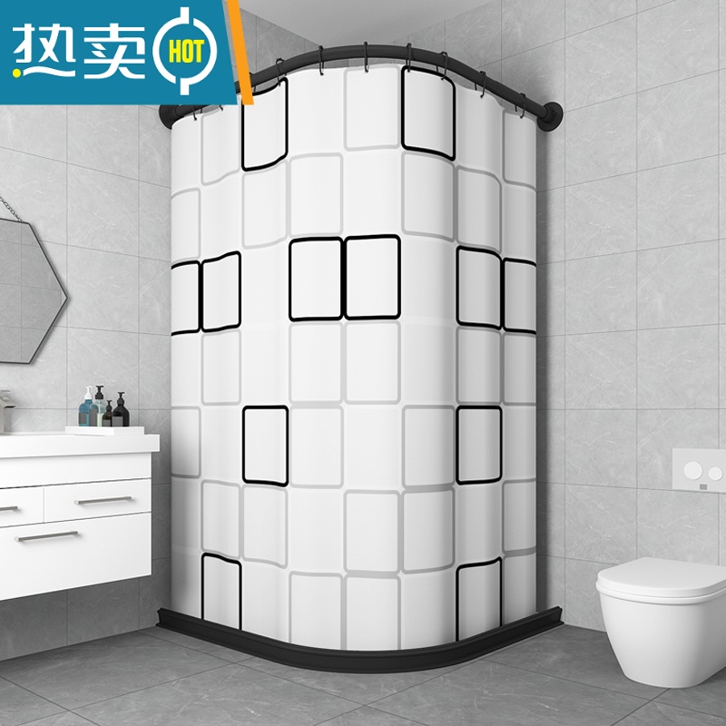 敬平卫生间防水浴帘弧形杆磁性套装免打孔干湿分离浴室隔断磁吸带磁条 织布大方格 墙宽80*110磁挡水条190+伸缩杆B+磁吸帘200*20