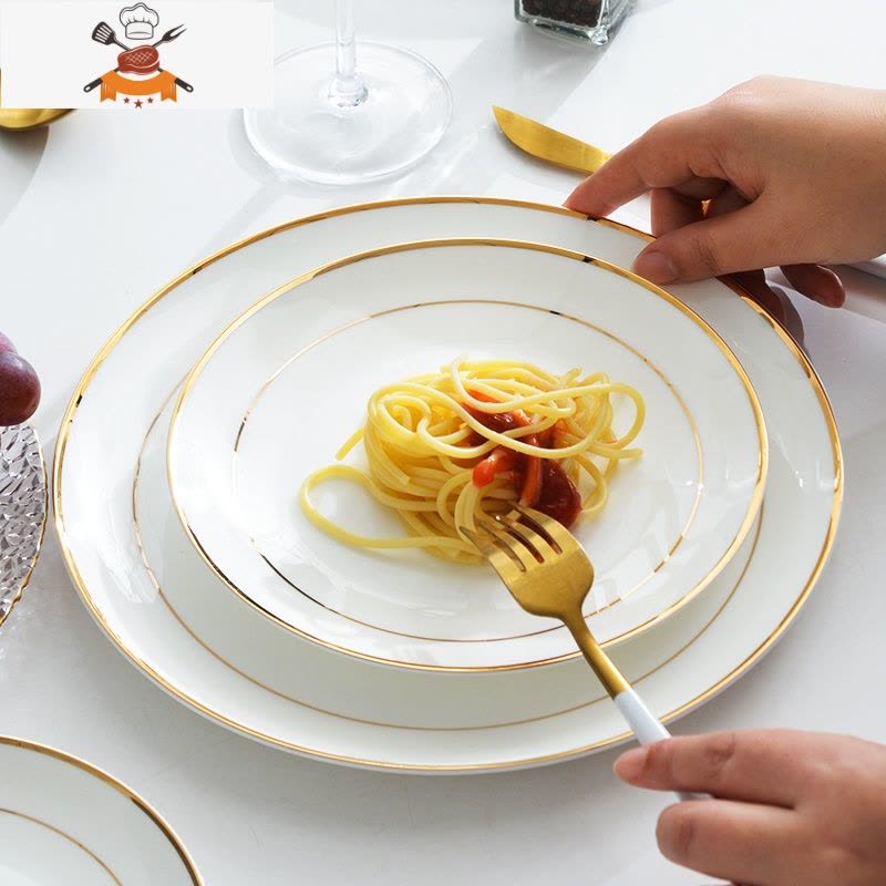 敬平金边牛排盘子家用西餐盘骨瓷圆形大平盘套装欧式餐具早餐盘碟子红图片