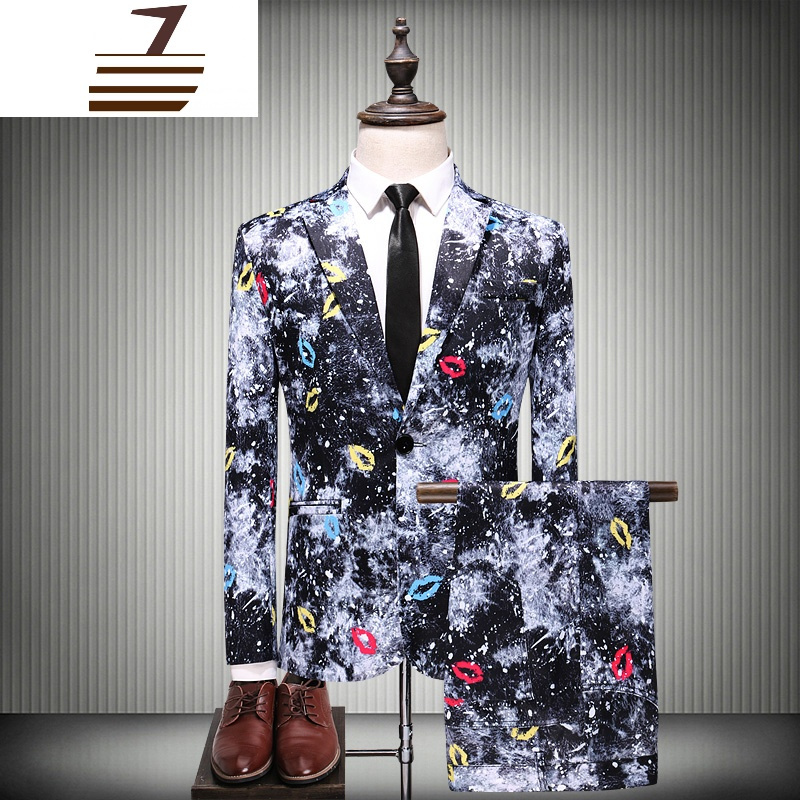 newlake青春流行男士休闲花西装两件套韩版修身西服套装潮男舞台宴会