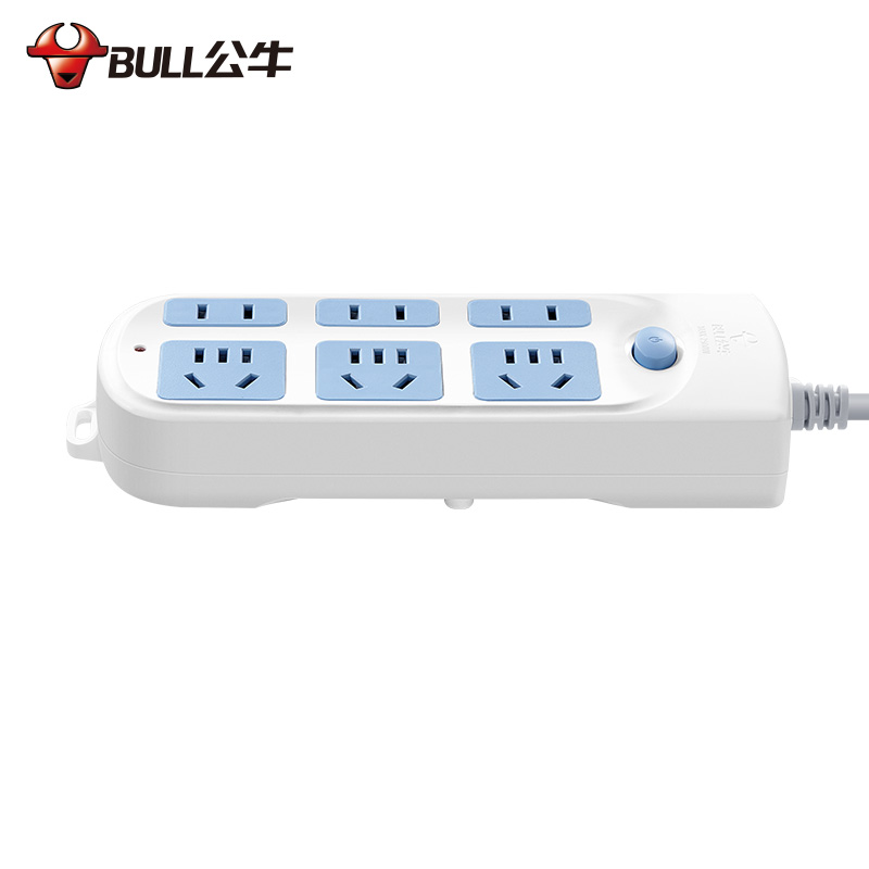 公牛(bull)GN-609全长5米六位插孔带保护门总控开关大孔间距插座/接线板/排插/拖线板/插排蓝白高清大图