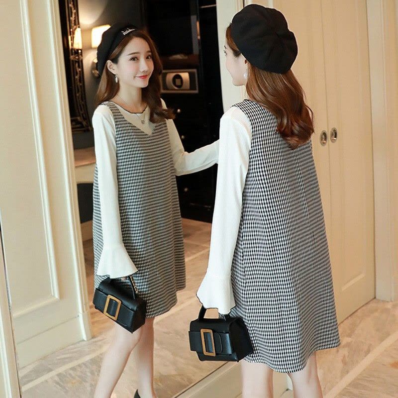 迪鲁奥(DILUAO)孕妇装2021秋冬新款千鸟格孕妇裙两件套喇叭袖孕妇装图片