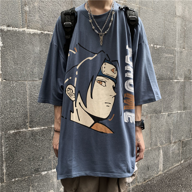 火影忍者印花短袖t恤男学生潮流韩版宽松半袖港风五分袖动漫上衣 佐助