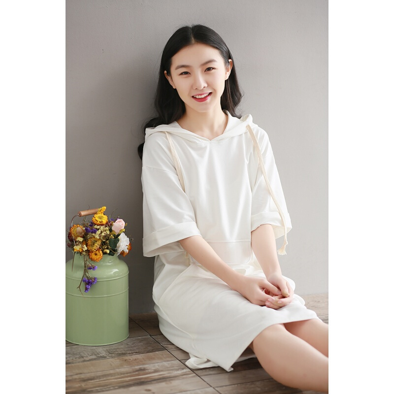 微胖女装大码夏新款森女系文艺宽松百搭连帽短袖中长款卫衣连衣裙