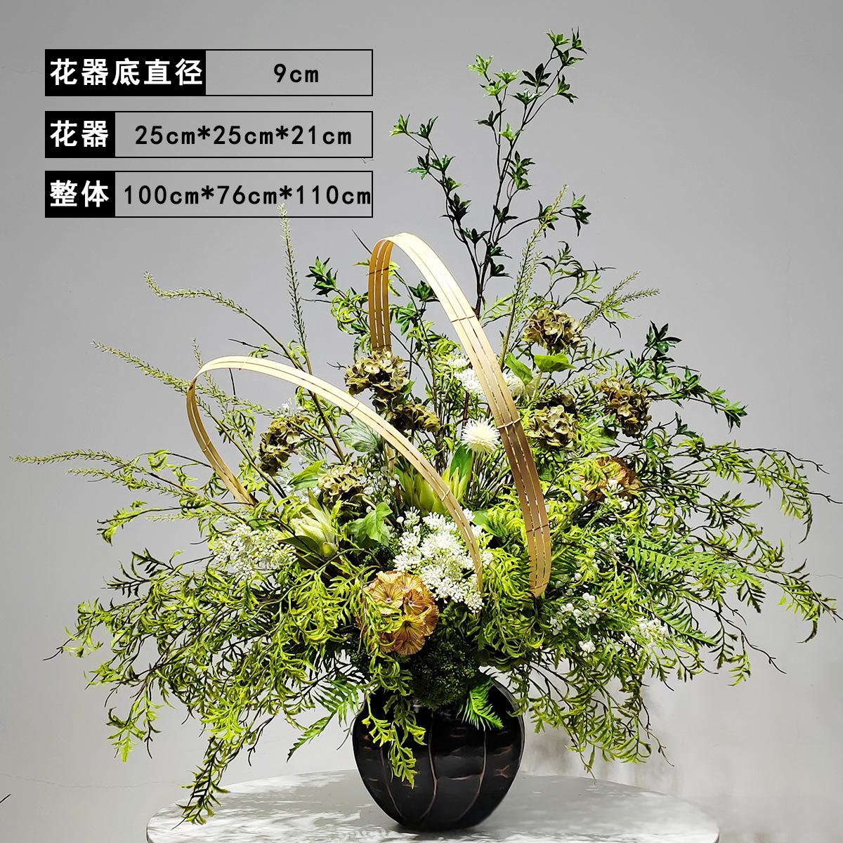 小窝厘 新中式仿真绿植花艺售楼处装饰玄关摆件(树脂花器+仿真花+竹编)货号1400高清大图