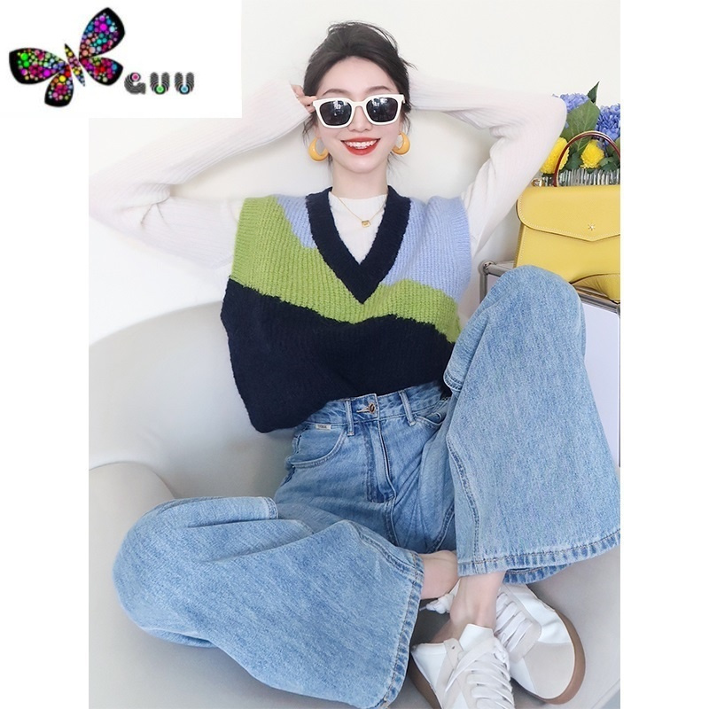 语娄时尚马甲女时髦洋气v领针织背心拼色今年流行的马夹外穿早秋上衣