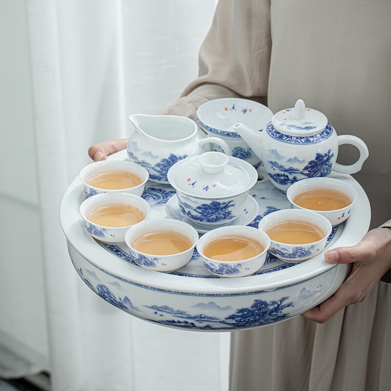 苏氏陶瓷/SUSHI CERAMICS J0429 国潮青花功夫茶具茶盘大套组陶瓷储水托盘三才盖碗(单位:套)高清大图