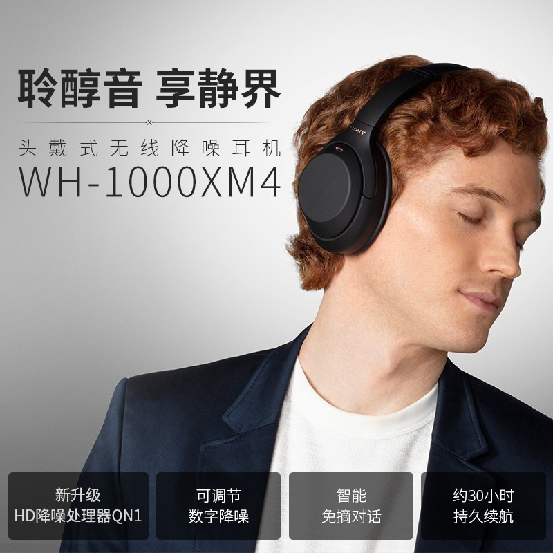 索尼(SONY)WH-1000XM4 黑色 高解析度头戴式无线降噪蓝牙耳机高清大图
