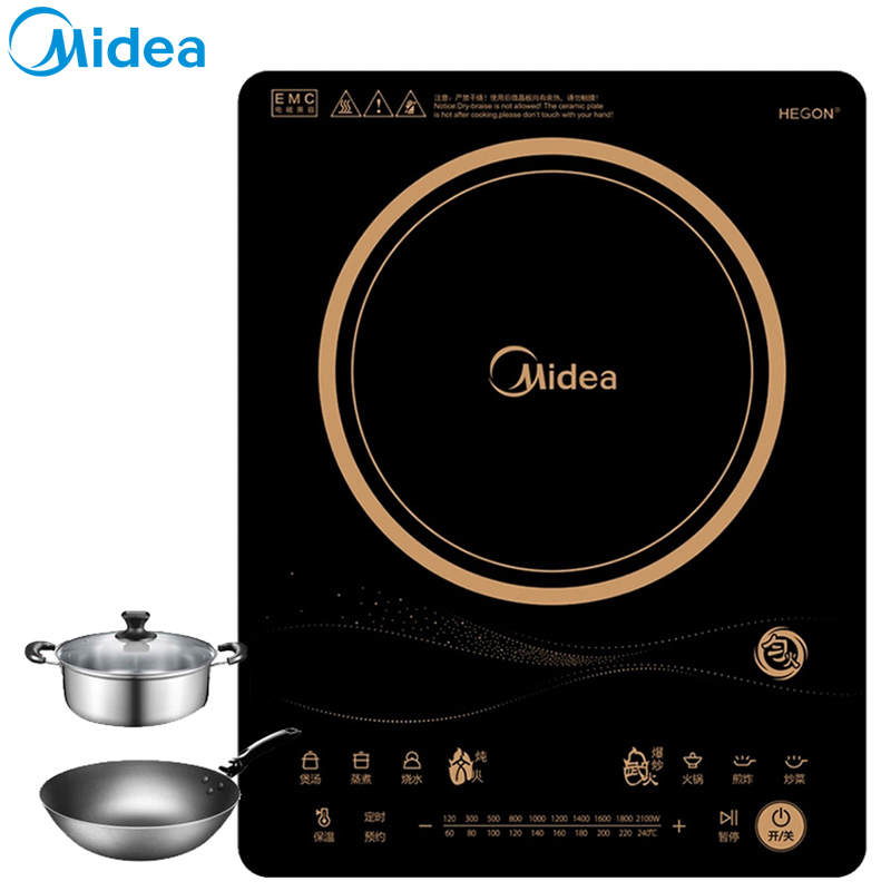 美的(Midea)电磁炉 C21-RT2170 文武爆炒 家用智能 触控式 多功能 10档火力 电磁炉 赠汤锅+炒锅