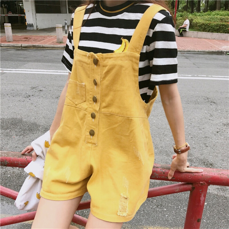 夏装女装韩版宽松百搭高腰破洞牛仔裤背带裤阔腿裤休闲裤短裤显瘦白色均码