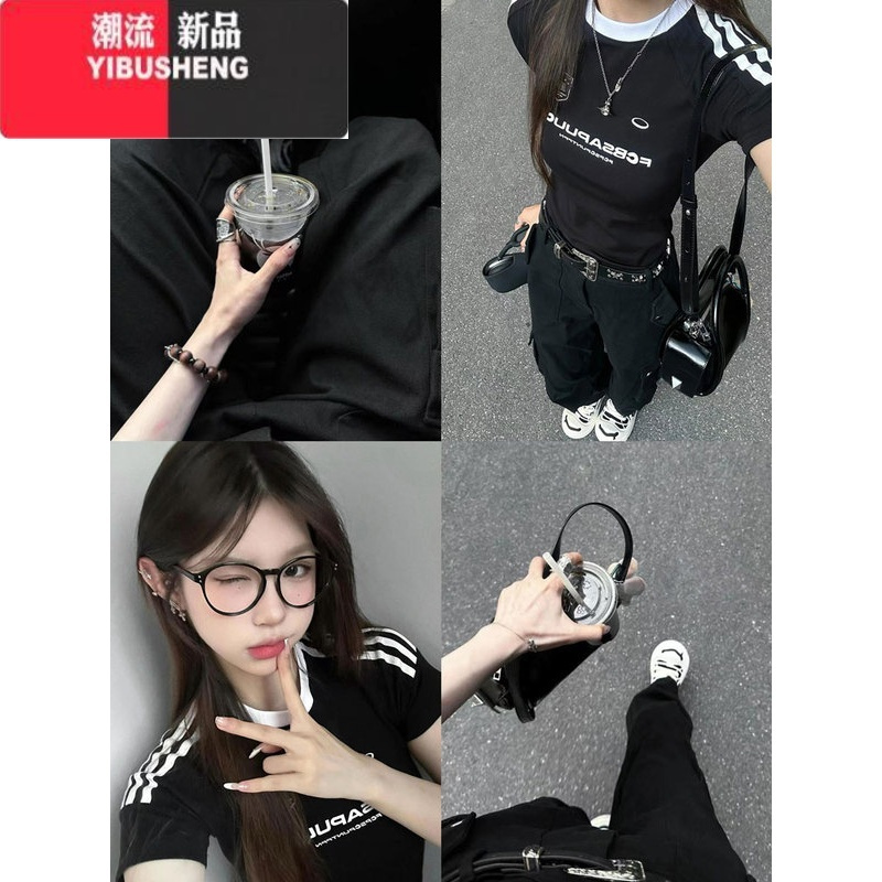 YIBUSHENG美式复古三条杠正肩短袖t恤女季2024新款修身运动短款辣妹上衣