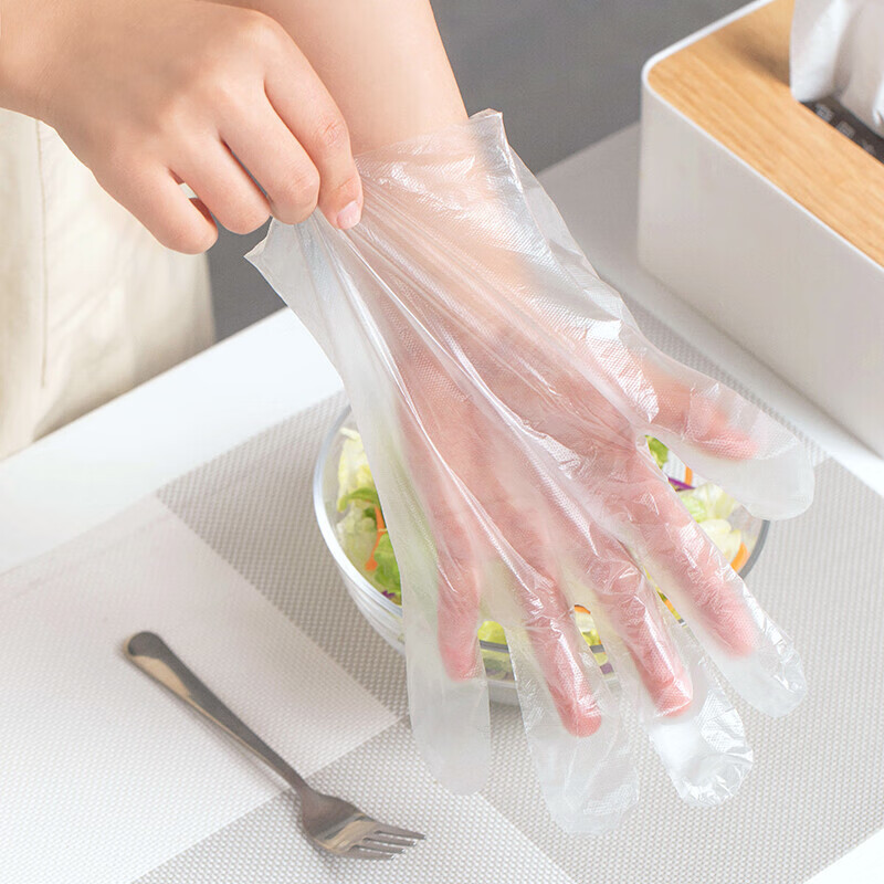 茶花 3501一次性手套100只装食品级PE加厚餐桌方便手套儿童食用手膜高清大图