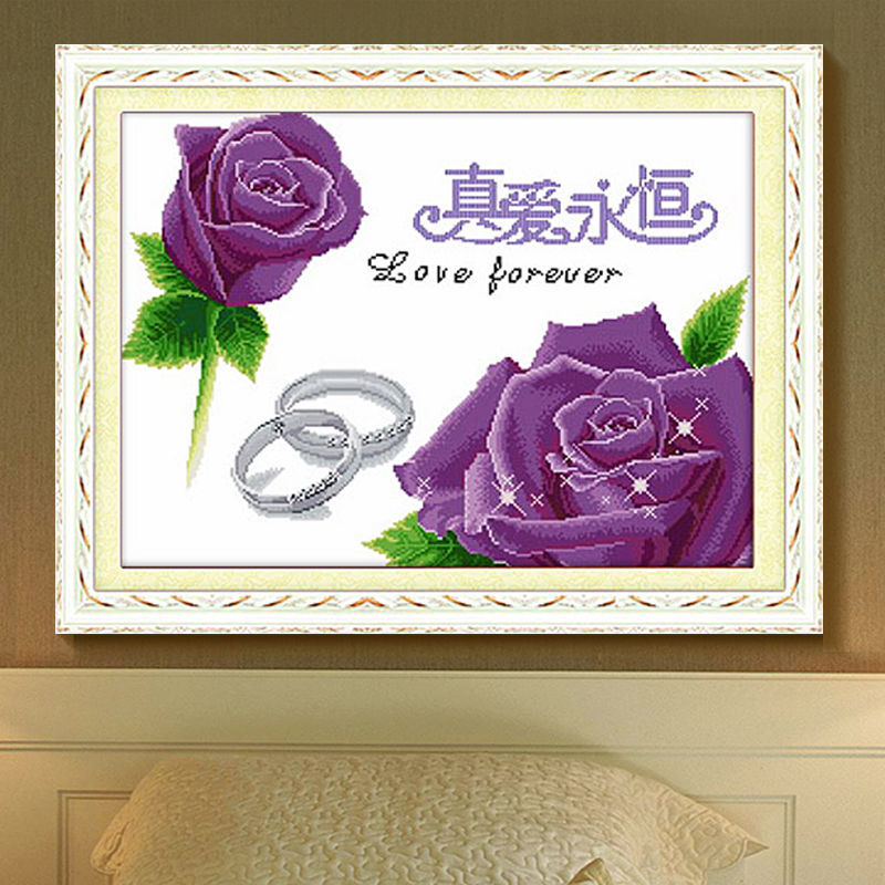 印布十字绣爱永恒红紫蓝粉玫瑰花结婚对戒喜庆丝线手工挂画