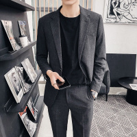 扣纪休闲西装外套男2019春装新款男修身西服套装男韩版潮流帅气两件套 M 深灰（西装+裤子）
