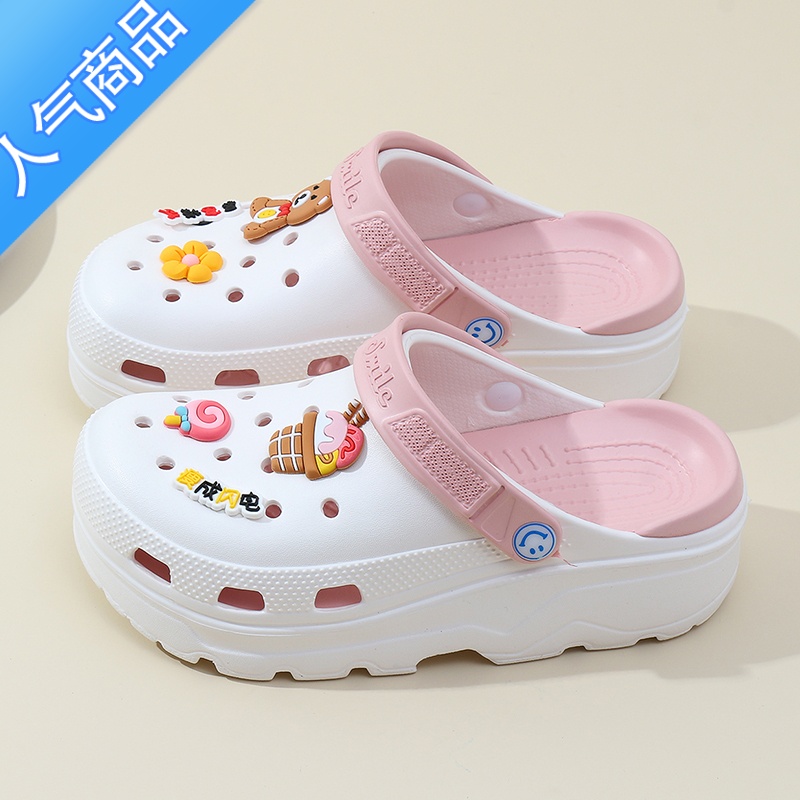 SUNTEK卡通洞洞鞋女夏外穿松糕厚底两穿包头半拖鞋时尚高跟镂空沙滩凉拖高清大图