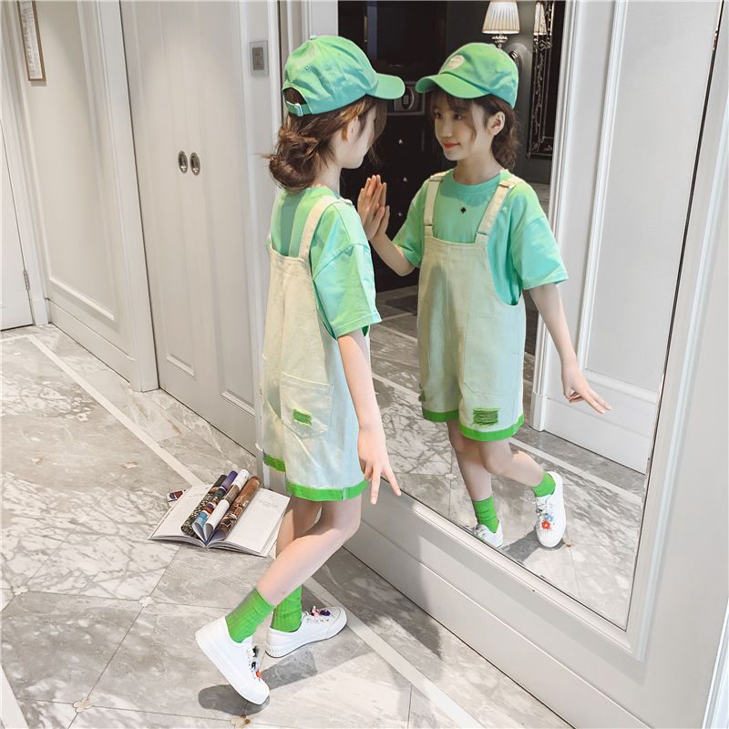 女童夏装背带裤薄款韩版洋气新款儿童背带短裤短袖两件套装潮