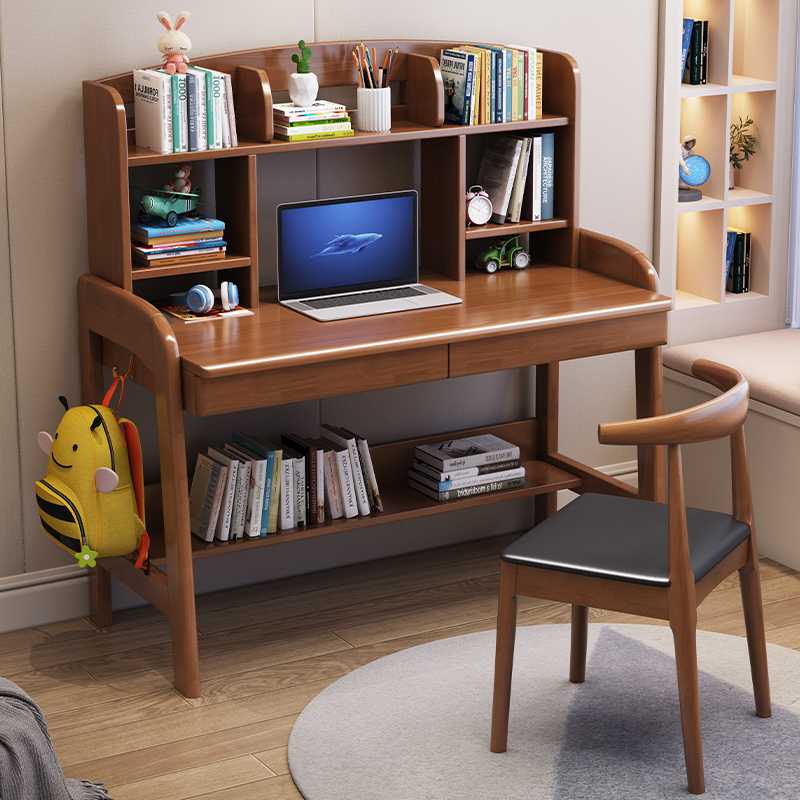 迅迈实木书桌写字桌书架一体学习桌简约家用初中小学生卧室可升降书桌