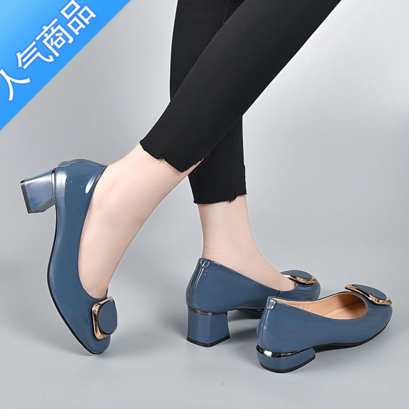SUNTEK2023春秋新款粗跟浅口乐福鞋女漆皮百搭时尚气质单鞋中跟软K高清大图