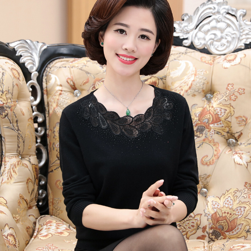 迪鲁奥（DILUAO)2019新款中老年女加肥加大洋气妈妈春秋装羊毛针织打底衫上衣服装_811 黑色 XL适合125-135斤