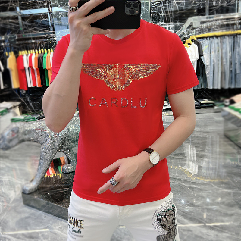 欧洲站潮牌夏季新款男装潮流欧货镭射烫钻T恤男短袖丝光棉