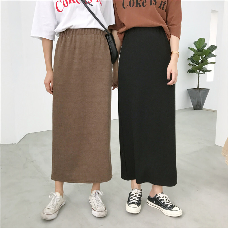韩国学院风百搭修身显瘦高腰开叉半身裙女中长款学生打底裙卡其色均码
