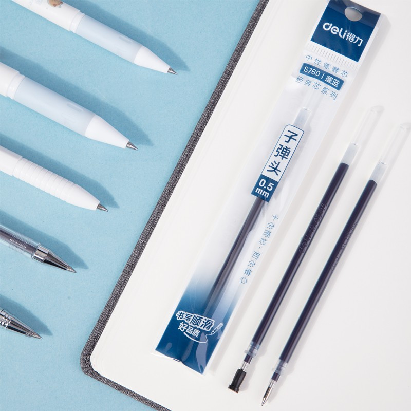 得力delis760中性笔笔芯标准子弹头笔芯水笔替芯水笔芯05mm墨蓝色20支