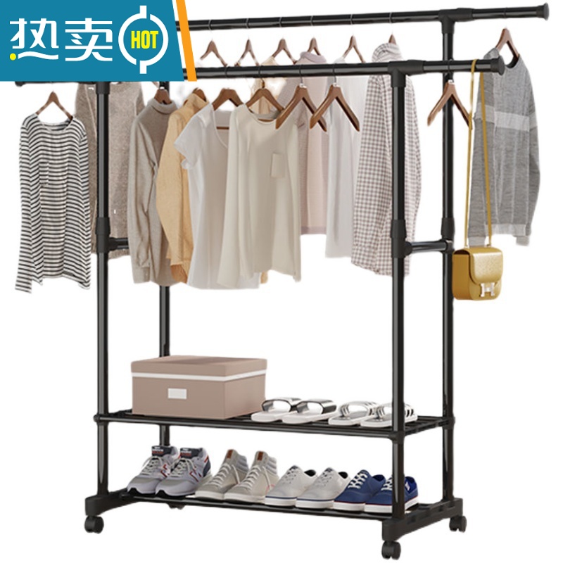 敬平简易晾衣架落地折叠卧室伸缩晾衣杆室内挂衣架阳台晒衣服架子家用 [加粗单杆90-150]可伸缩+2挂高清大图